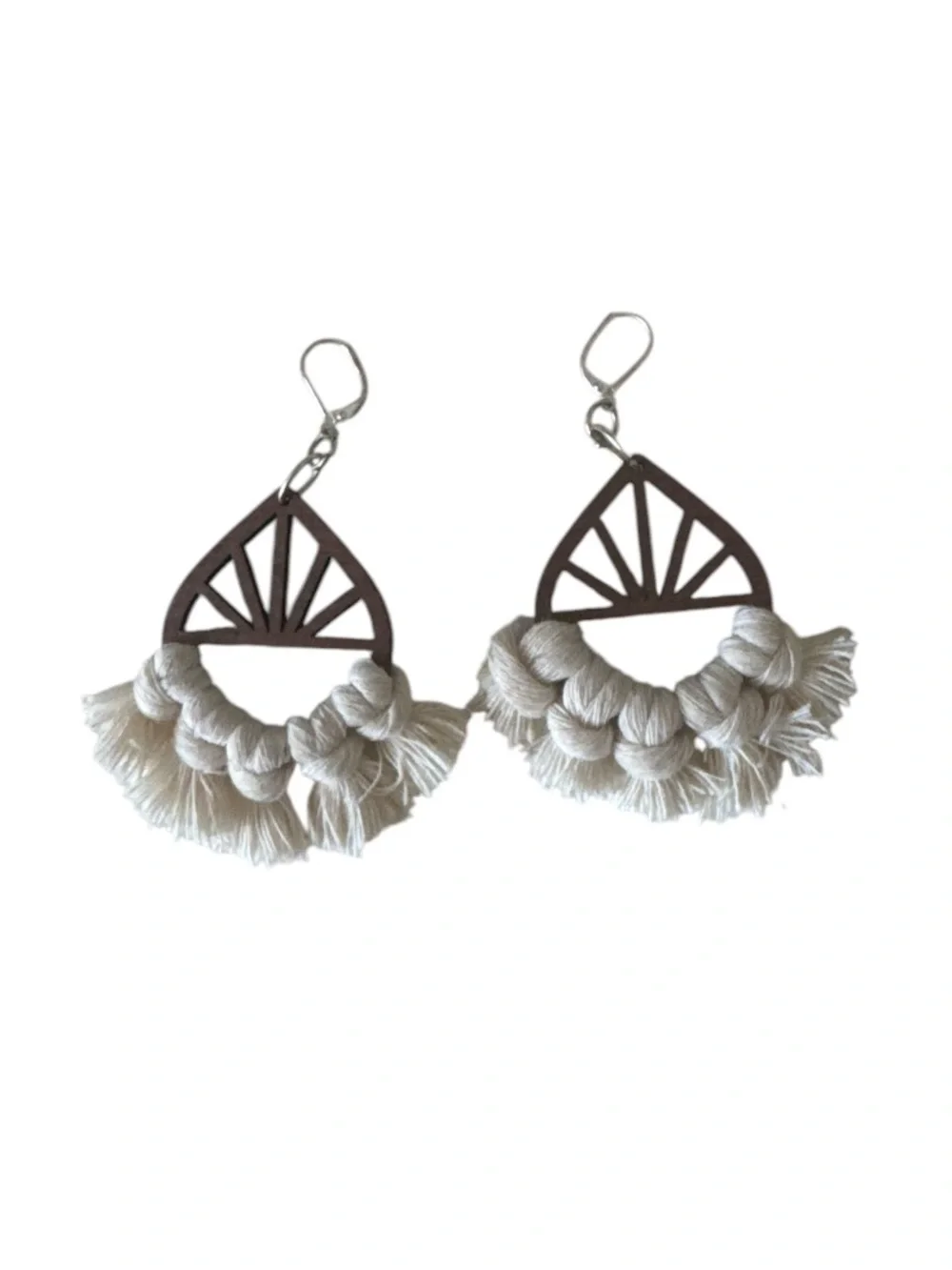 Boho Wood Tassel Statement Fringe Earrings Ivory Brown OS Size